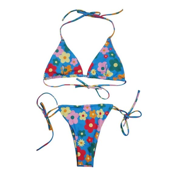 Floral Print Triangle Bikini Set Womens Adjustable Tie Straps Size M Swimsuit - Picture 4 of 5